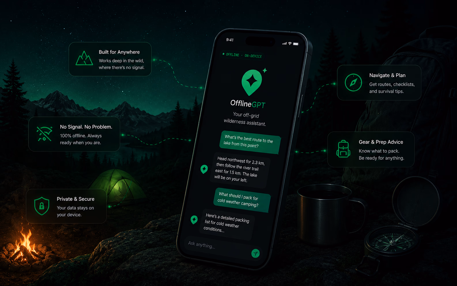 Your Off-Grid Wilderness Assistant. Zero Cell Towers Required.